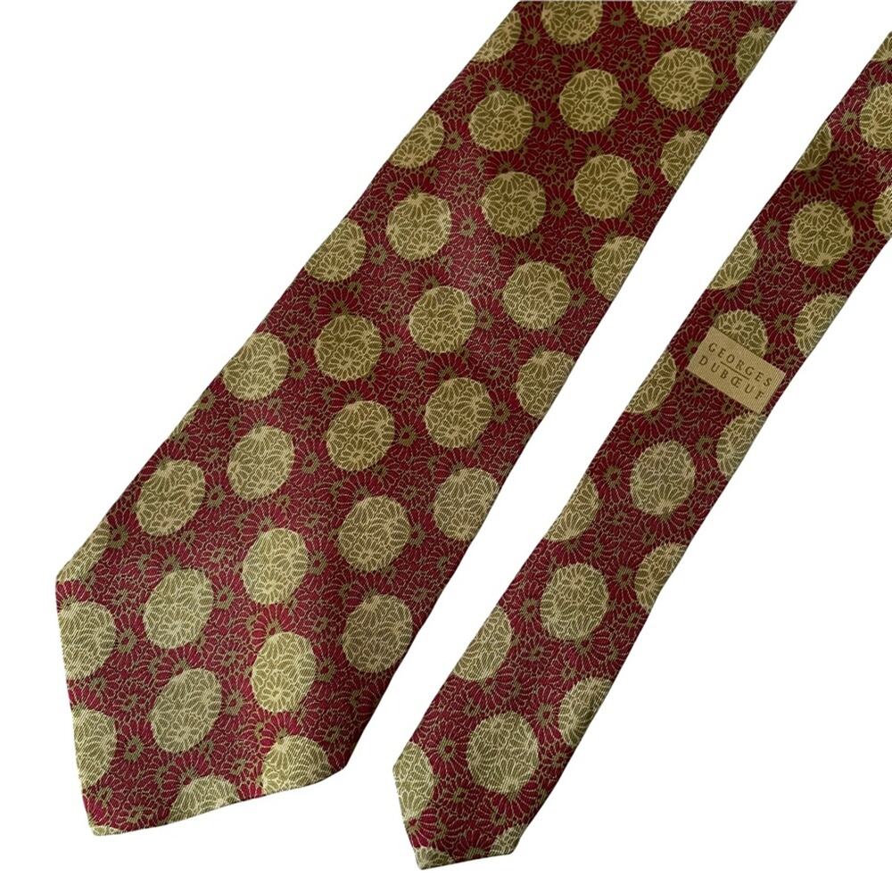 Andre Claude Canova Silk Tie Floral Polka Dot Red Olive Tan Made in France EUC